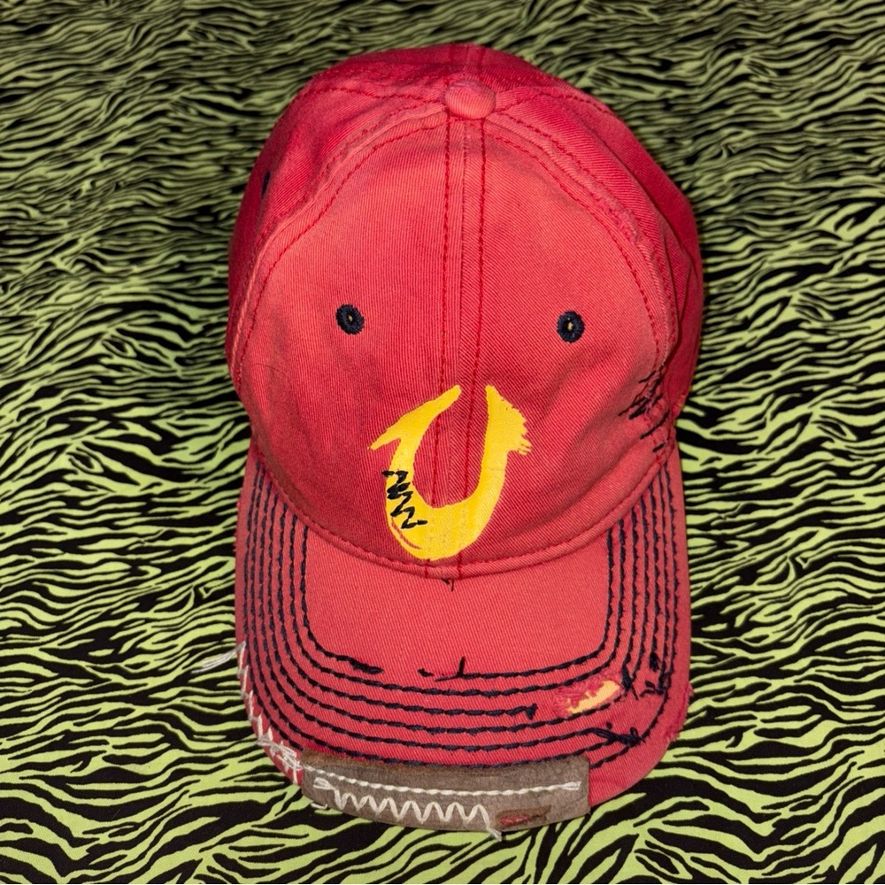 Vintage True Religion Trucker Hat Adjustable Leather Embroidered Distressed